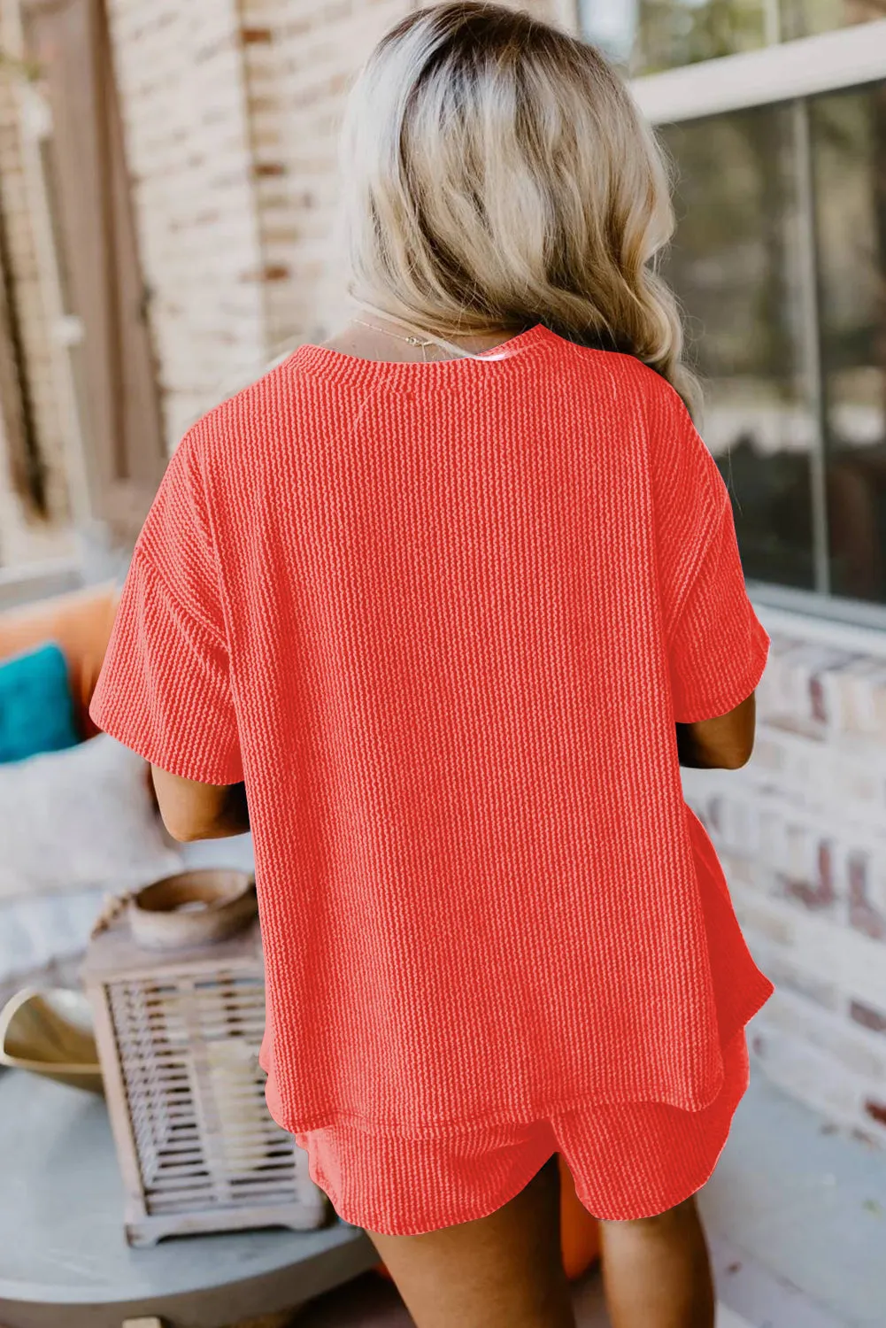 Orange Ribbed Textured Knit Loose Fit Tee and Shorts Set