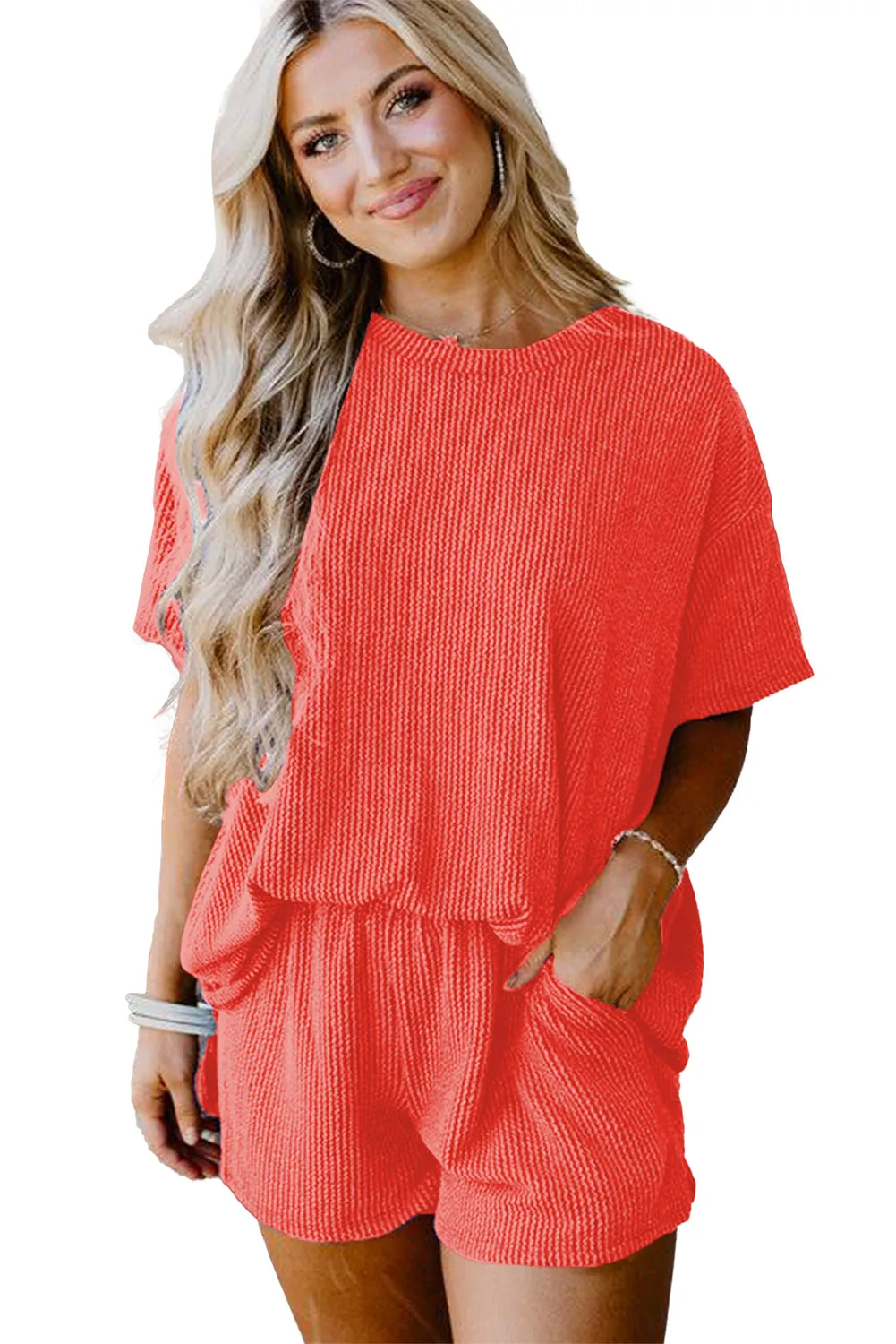 Orange Ribbed Textured Knit Loose Fit Tee and Shorts Set