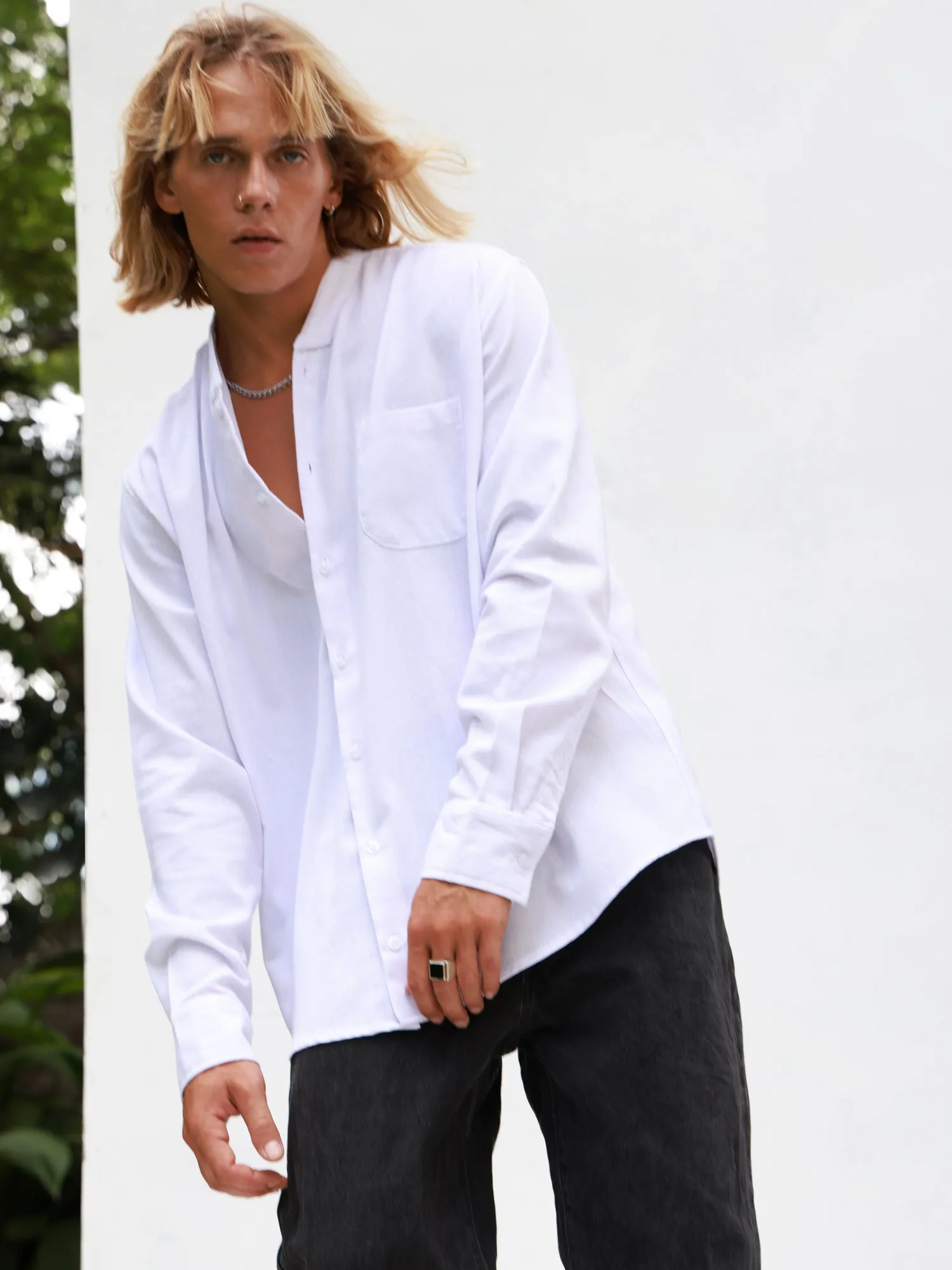 Oversized L/S chinese collar shirt