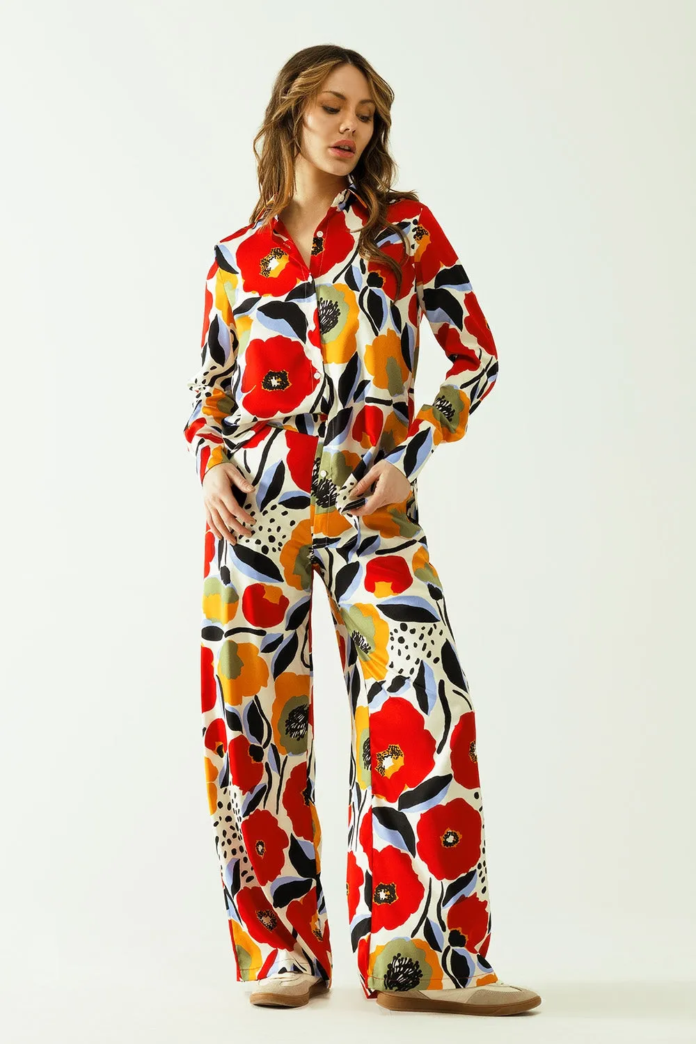 oversized shirt with poppies designs and button closure