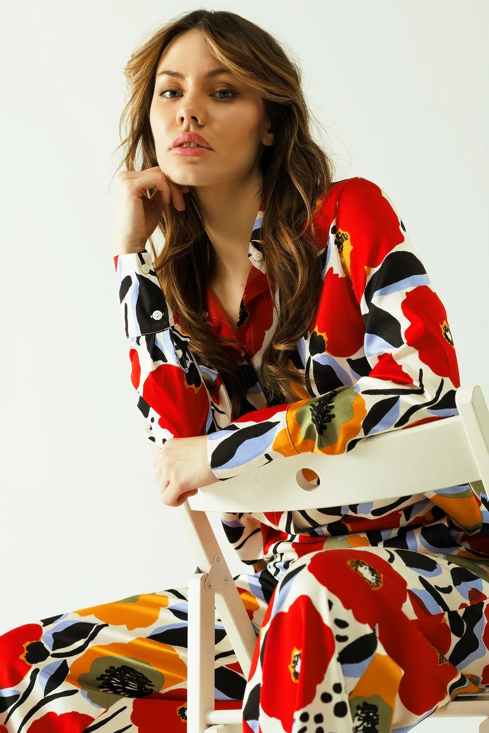 oversized shirt with poppies designs and button closure