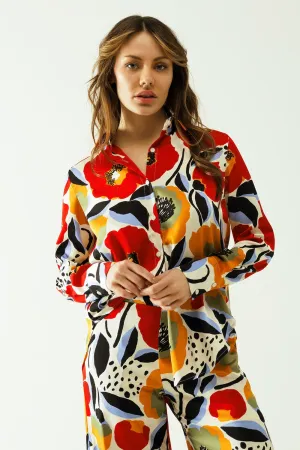 oversized shirt with poppies designs and button closure
