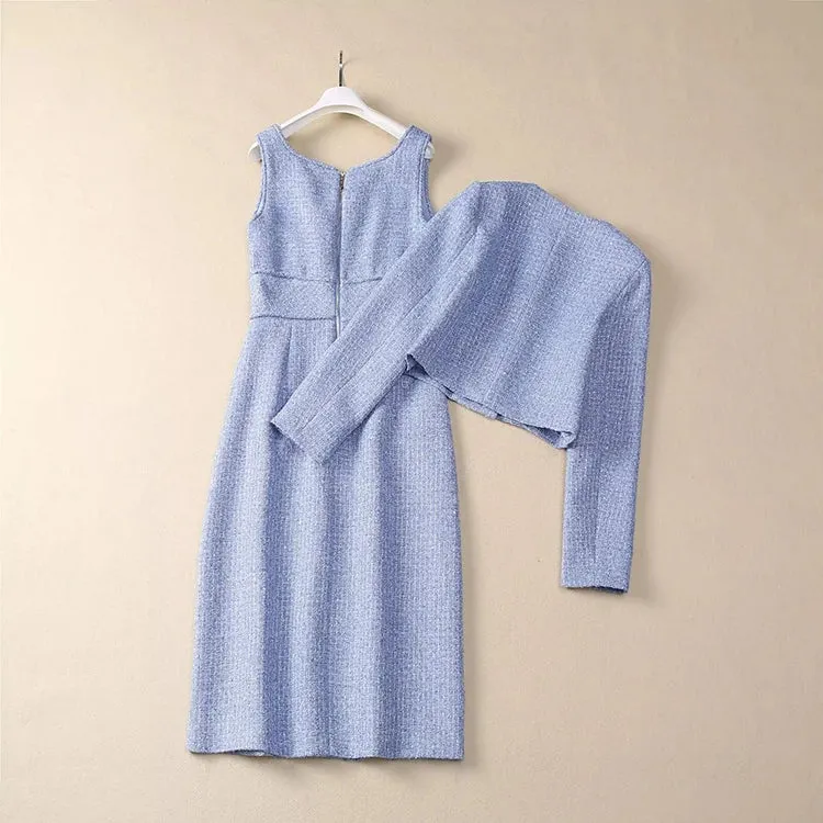 Padget  O-Neck  Long Sleeves Jacket Pockets Slim Dress  2 piece Set