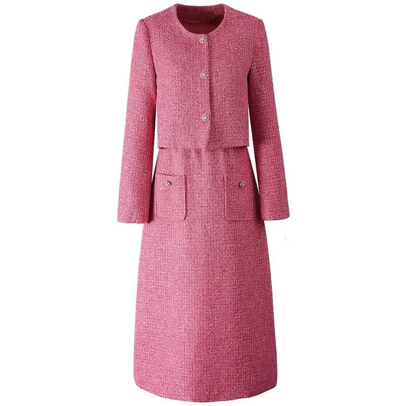 Padget  O-Neck  Long Sleeves Jacket Pockets Slim Dress  2 piece Set