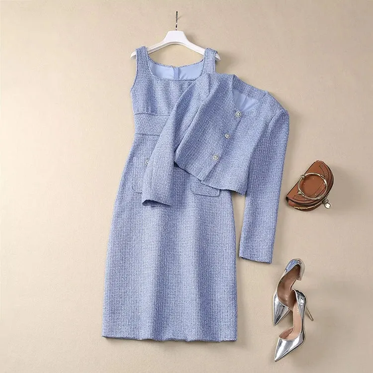 Padget  O-Neck  Long Sleeves Jacket Pockets Slim Dress  2 piece Set