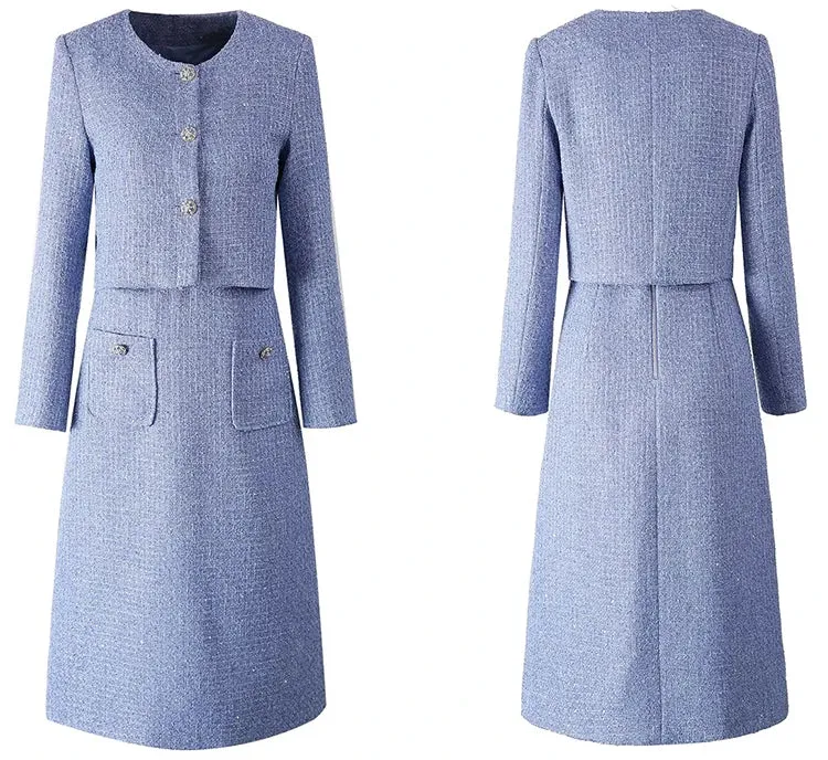 Padget  O-Neck  Long Sleeves Jacket Pockets Slim Dress  2 piece Set