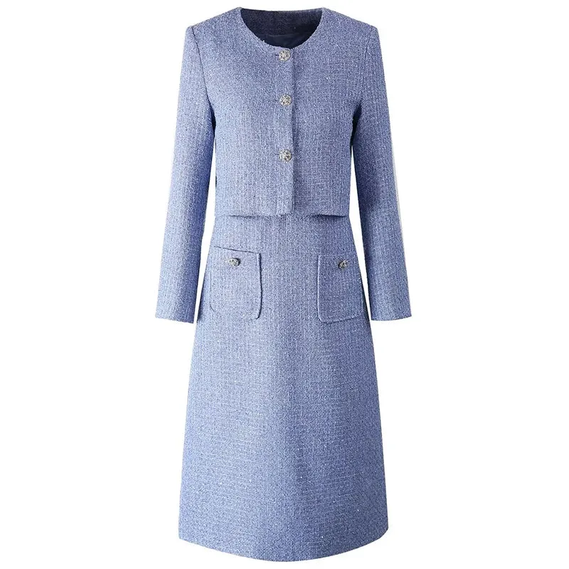 Padget  O-Neck  Long Sleeves Jacket Pockets Slim Dress  2 piece Set