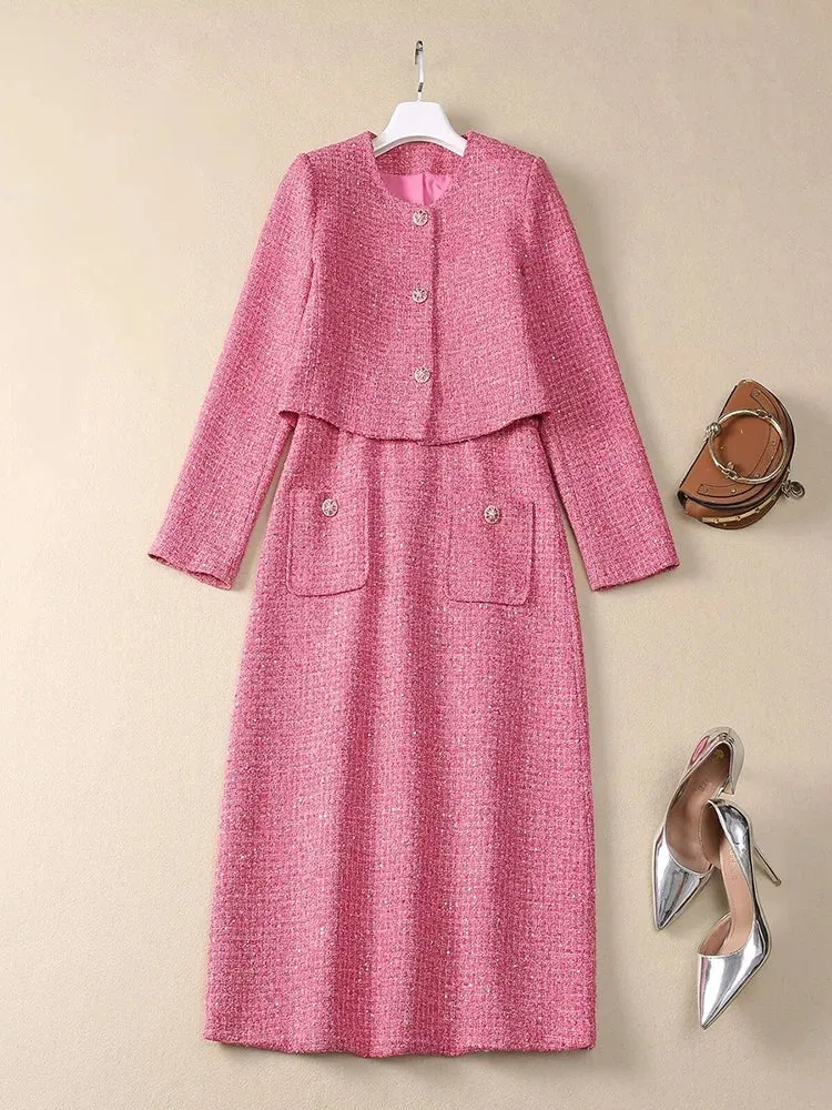 Padget  O-Neck  Long Sleeves Jacket Pockets Slim Dress  2 piece Set