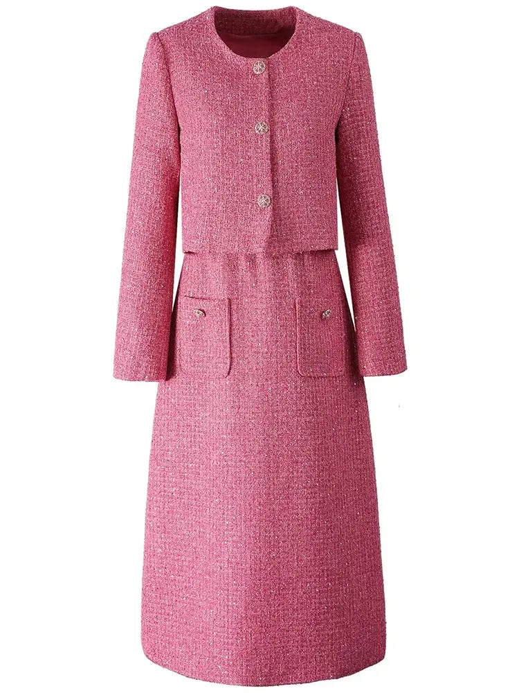 Padget  O-Neck  Long Sleeves Jacket Pockets Slim Dress  2 piece Set