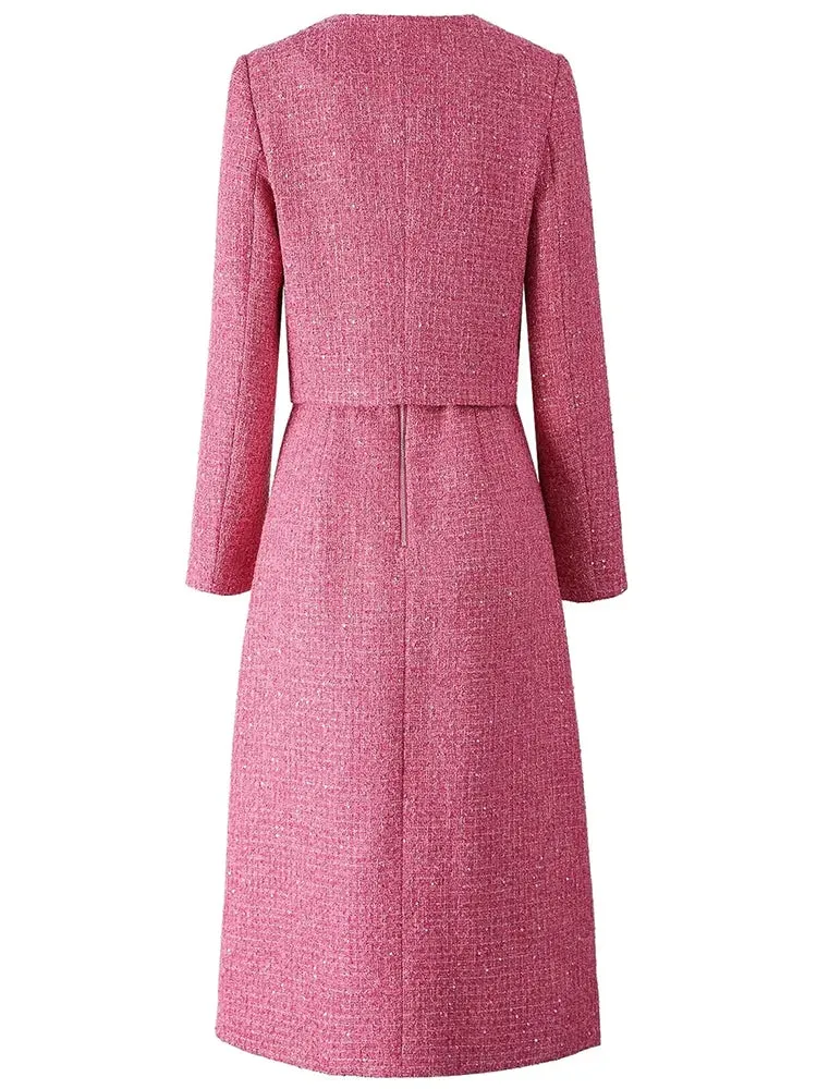 Padget  O-Neck  Long Sleeves Jacket Pockets Slim Dress  2 piece Set
