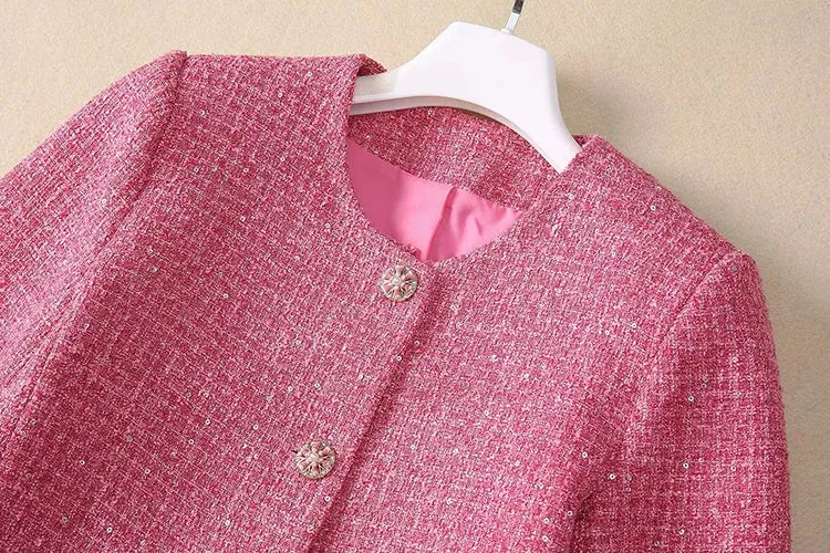 Padget  O-Neck  Long Sleeves Jacket Pockets Slim Dress  2 piece Set