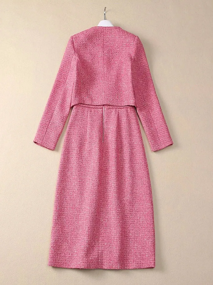 Padget  O-Neck  Long Sleeves Jacket Pockets Slim Dress  2 piece Set