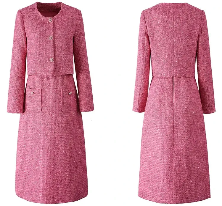 Padget  O-Neck  Long Sleeves Jacket Pockets Slim Dress  2 piece Set