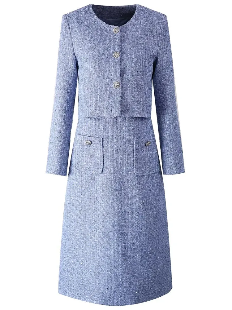 Padget  O-Neck  Long Sleeves Jacket Pockets Slim Dress  2 piece Set