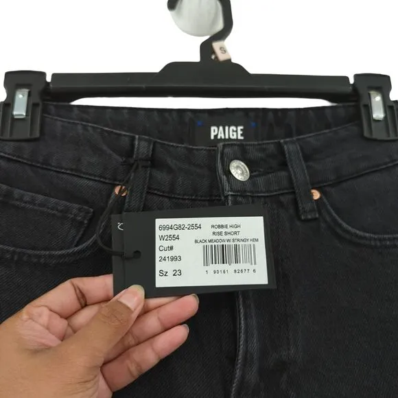 Paige Women 23 Robbie High Rise Shorts Black Meadow Stringy Hem Distressed NEW