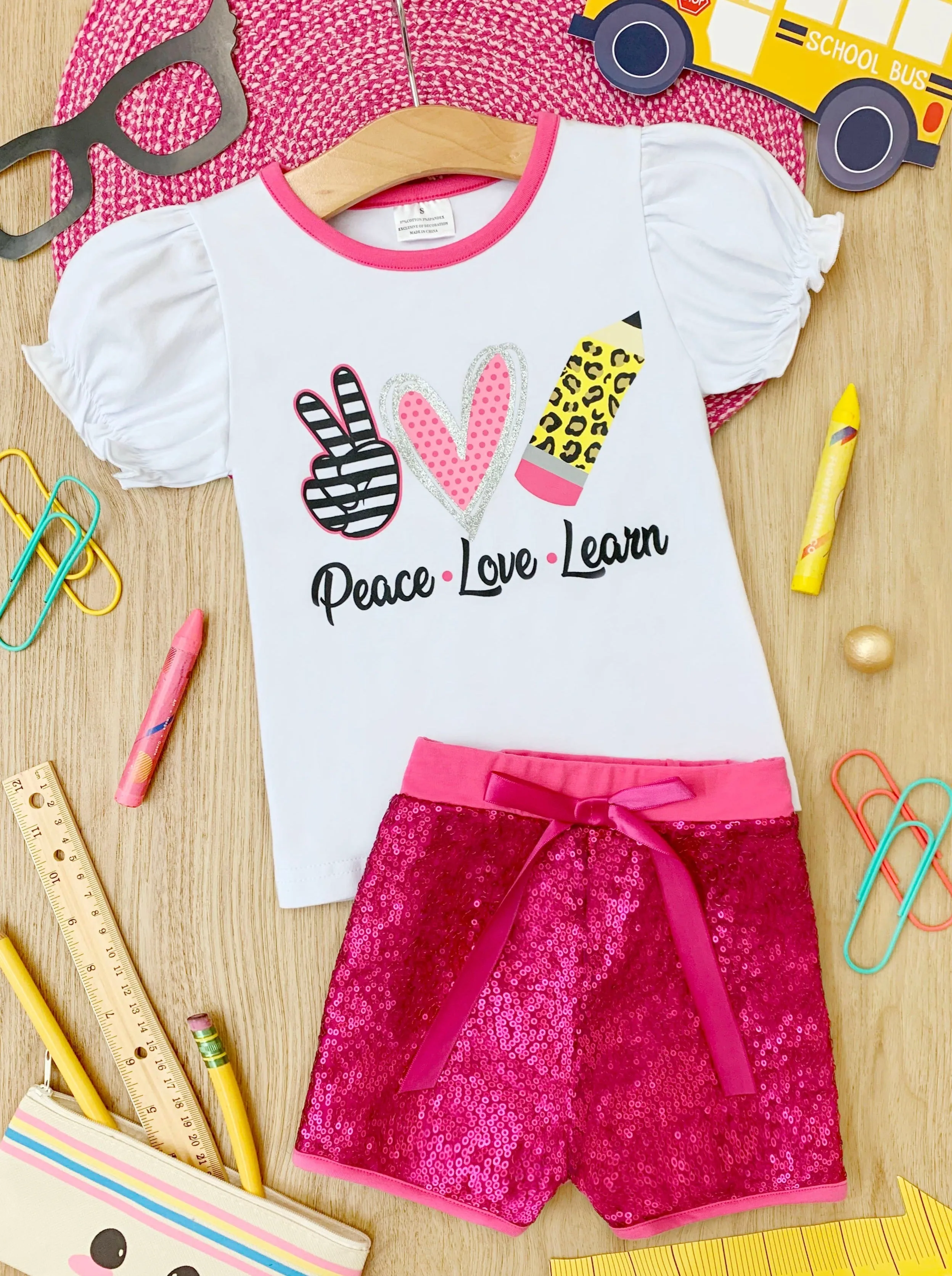 Peace, Love, Learn Sequin Short Set