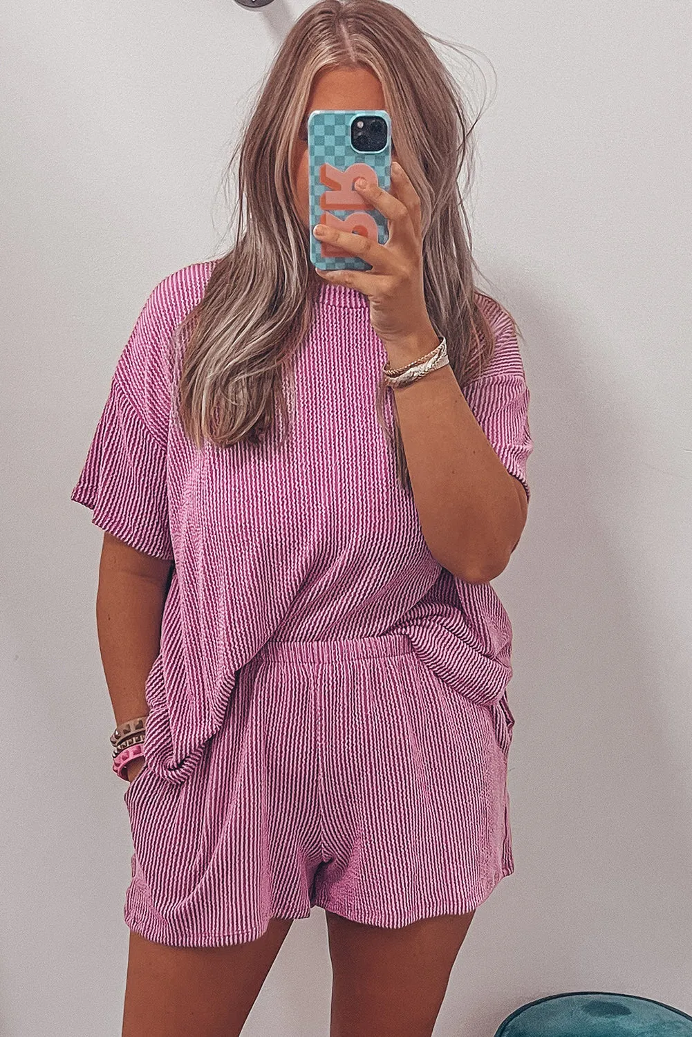 Phalaenopsis Plain Ribbed Knit Loose Fit Two Piece Shorts Set