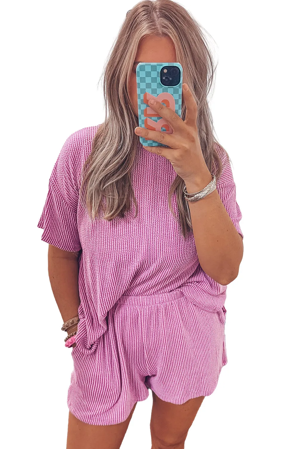 Phalaenopsis Plain Ribbed Knit Loose Fit Two Piece Shorts Set