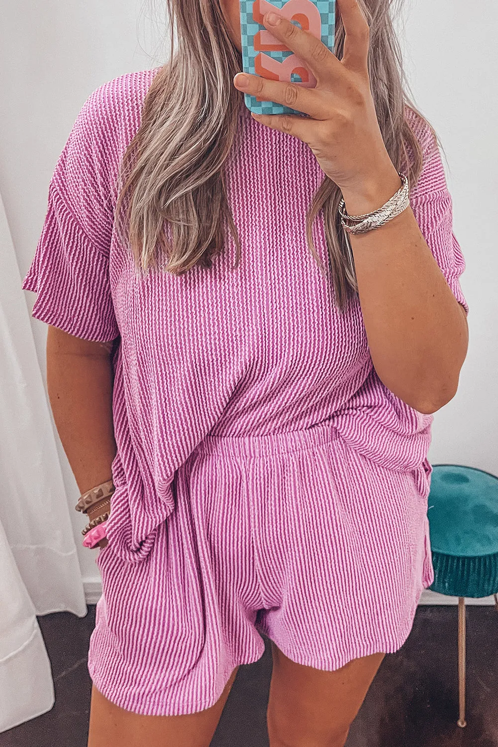 Phalaenopsis Plain Ribbed Knit Loose Fit Two Piece Shorts Set
