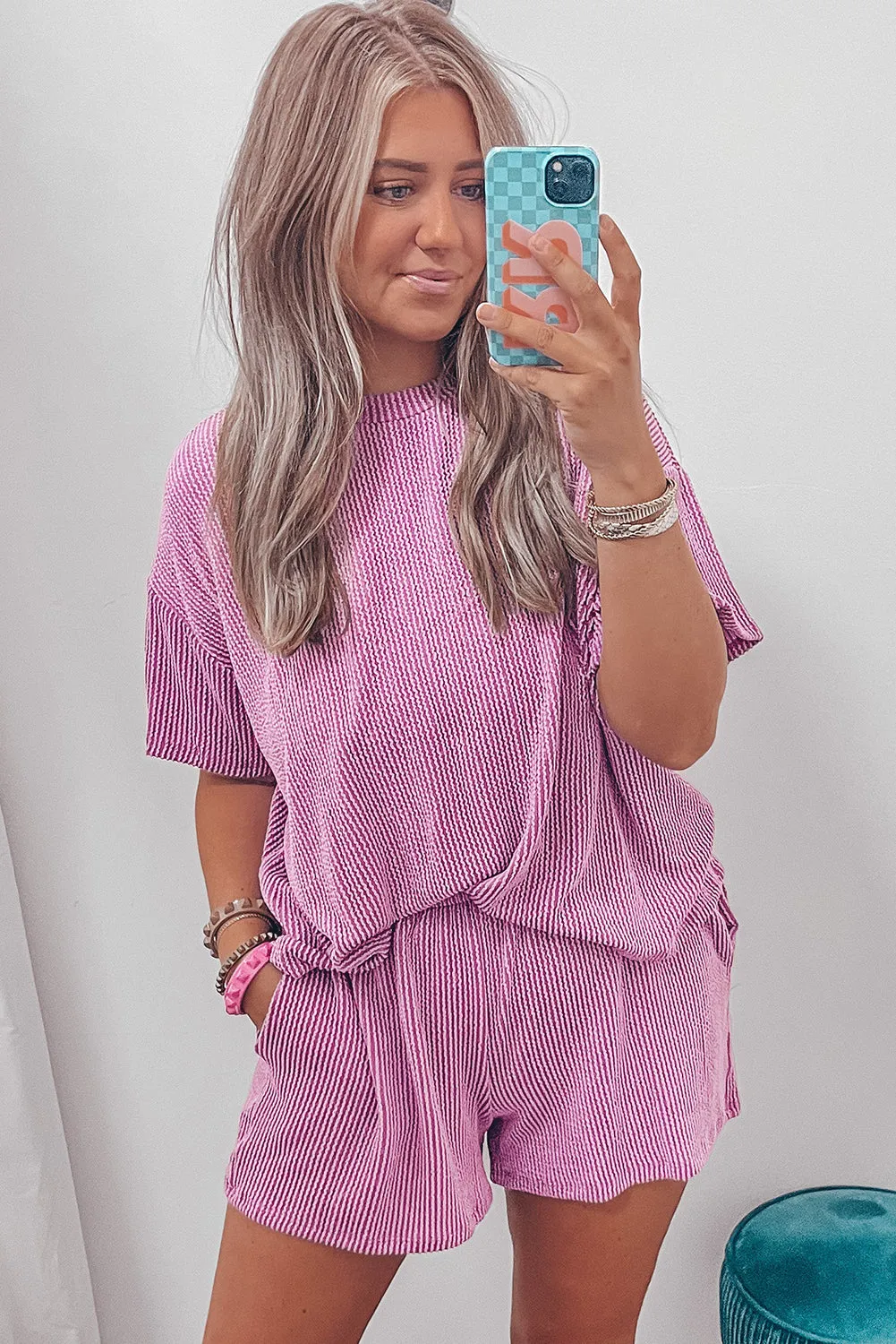 Phalaenopsis Plain Ribbed Knit Loose Fit Two Piece Shorts Set