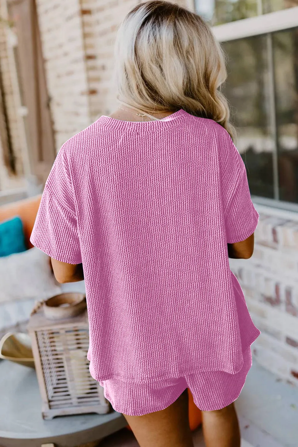 Phalaenopsis Plain Ribbed Knit Loose Fit Two Piece Shorts Set