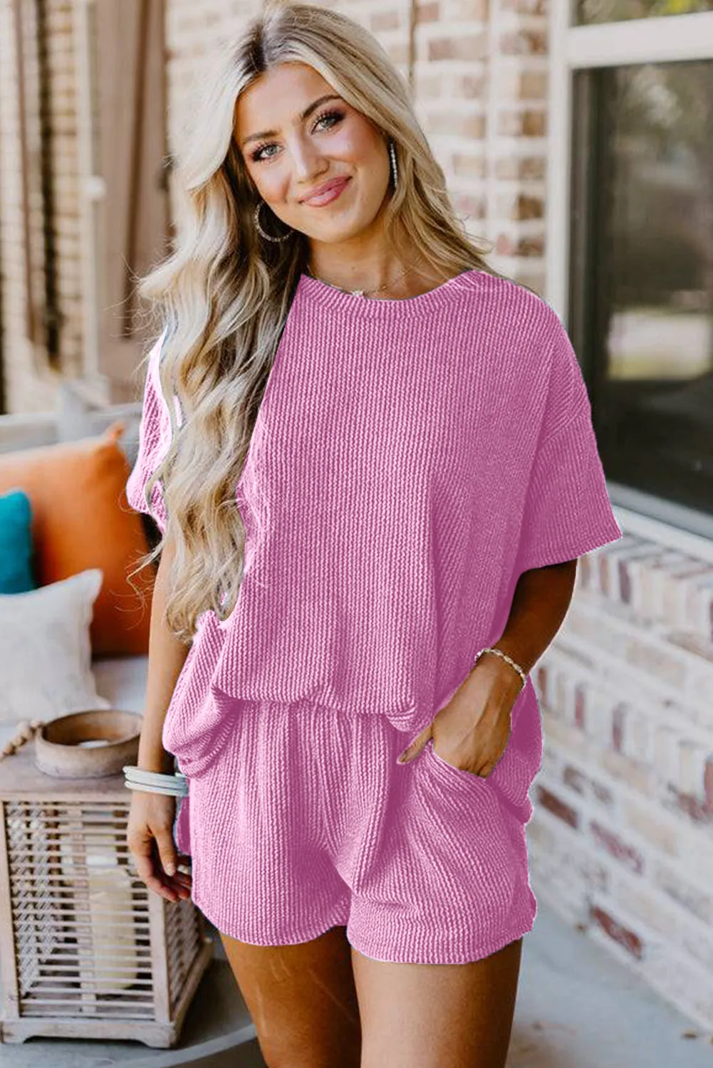 Phalaenopsis Plain Ribbed Knit Loose Fit Two Piece Shorts Set