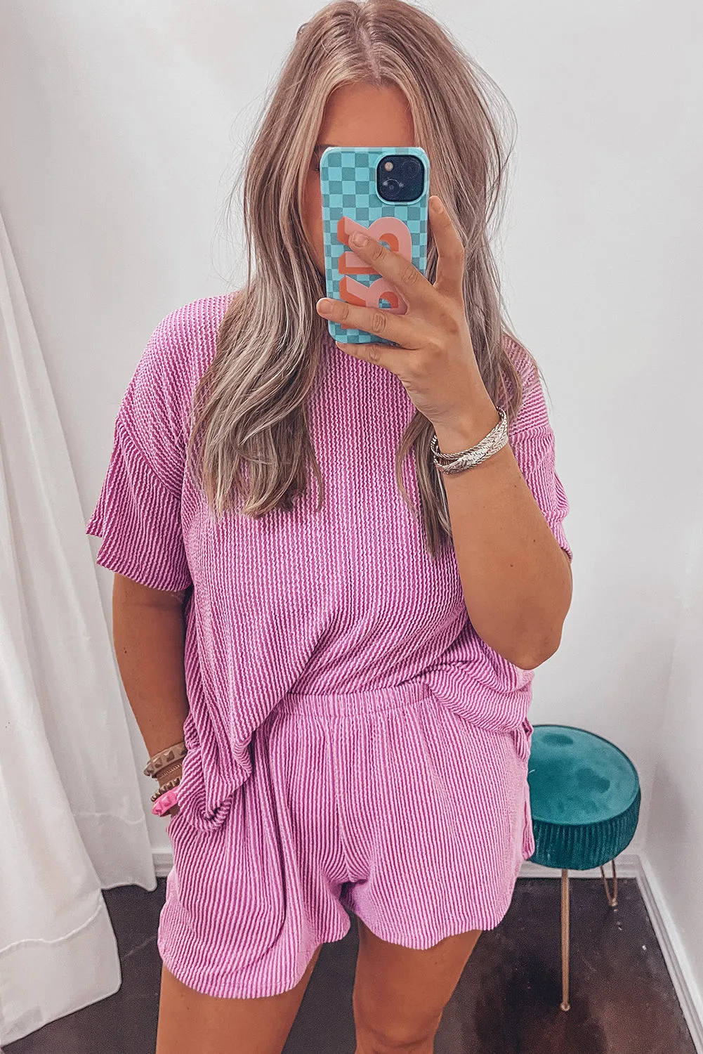 Phalaenopsis Plain Ribbed Knit Loose Fit Two Piece Shorts Set