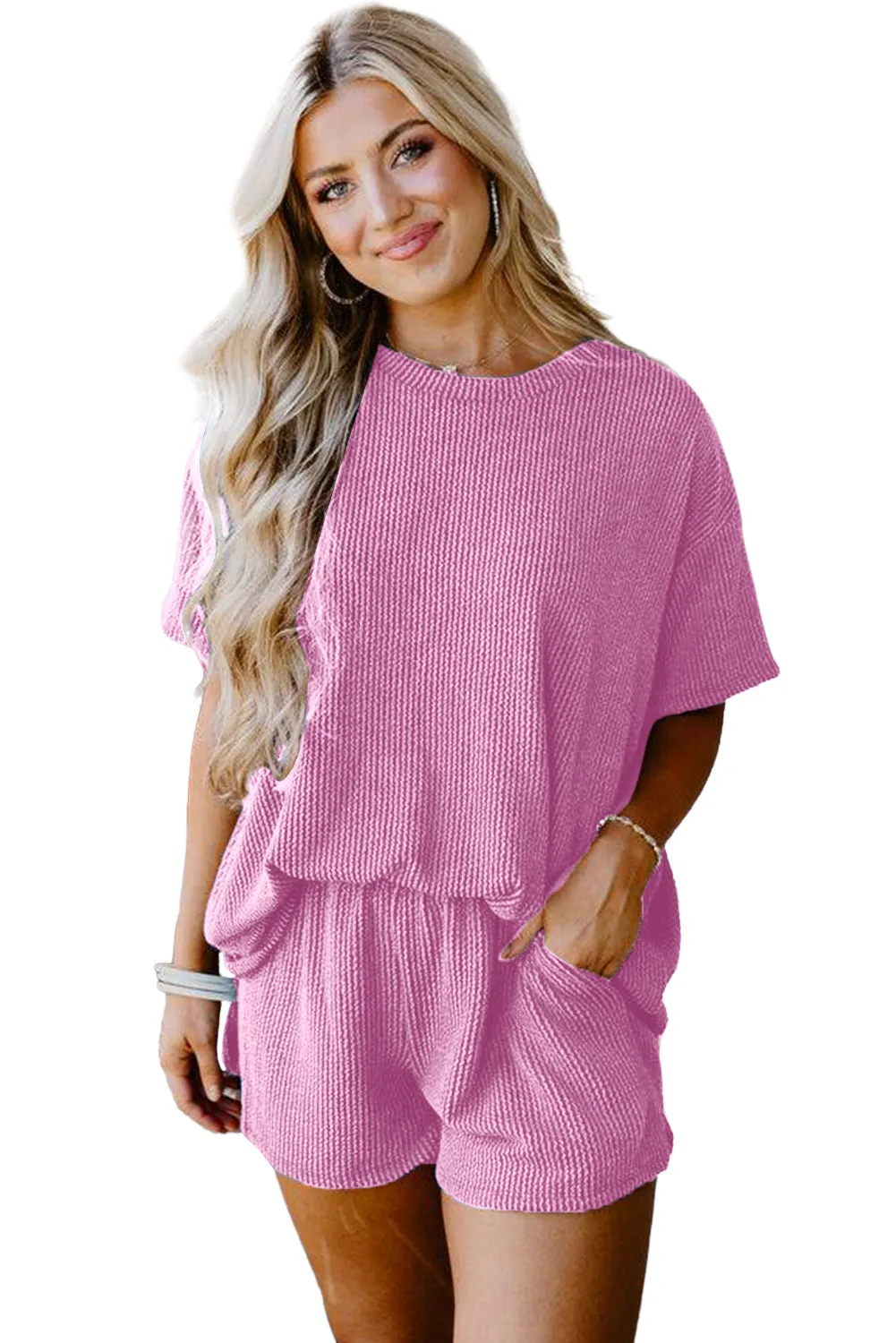 Phalaenopsis Plain Ribbed Knit Loose Fit Two Piece Shorts Set
