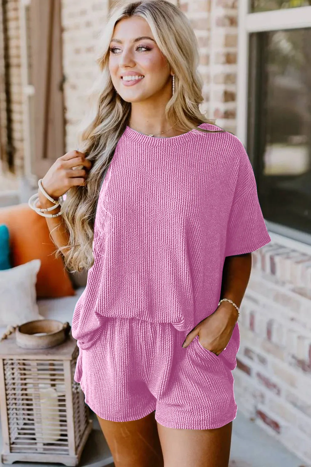 Phalaenopsis Plain Ribbed Knit Loose Fit Two Piece Shorts Set