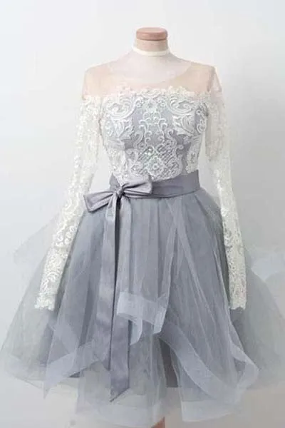 Pink High Neck Long Sleeves Lace Homecoming Dresses | Short Prom Dress, SH426