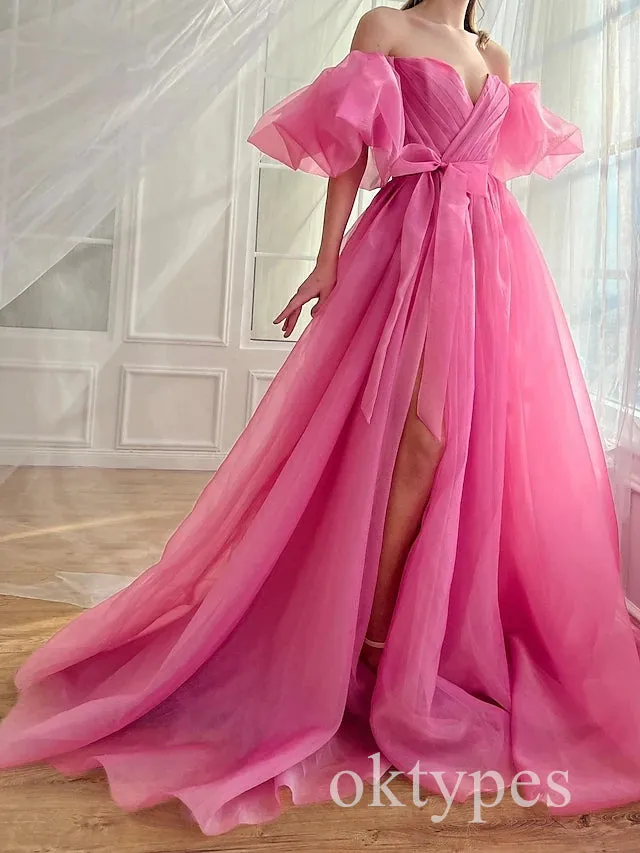 Pink Off Shoulder Sleeveless Side Slit A-line Long Women Prom Dresses PDS1275