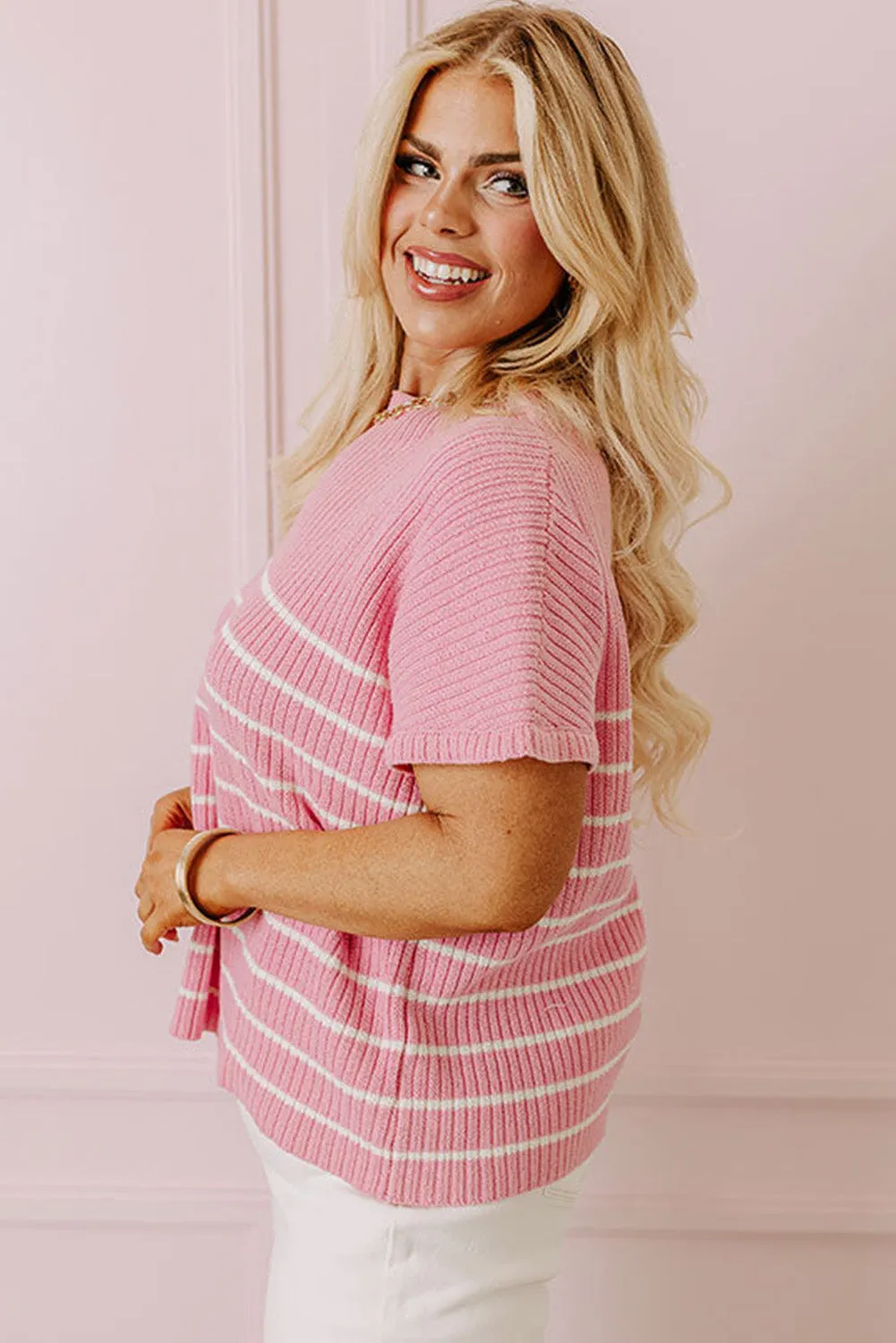 Pink Stripe Ribbed Loose Plus T Shirt