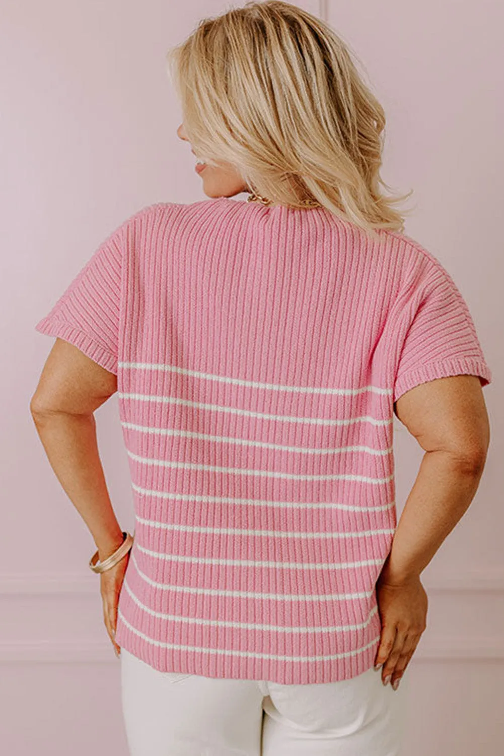 Pink Stripe Ribbed Loose Plus T Shirt