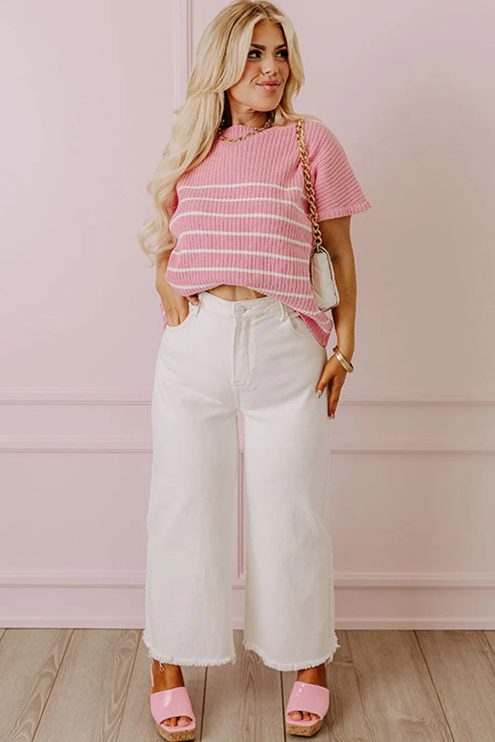 Pink Stripe Ribbed Loose Plus T Shirt