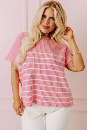 Pink Stripe Ribbed Loose Plus T Shirt