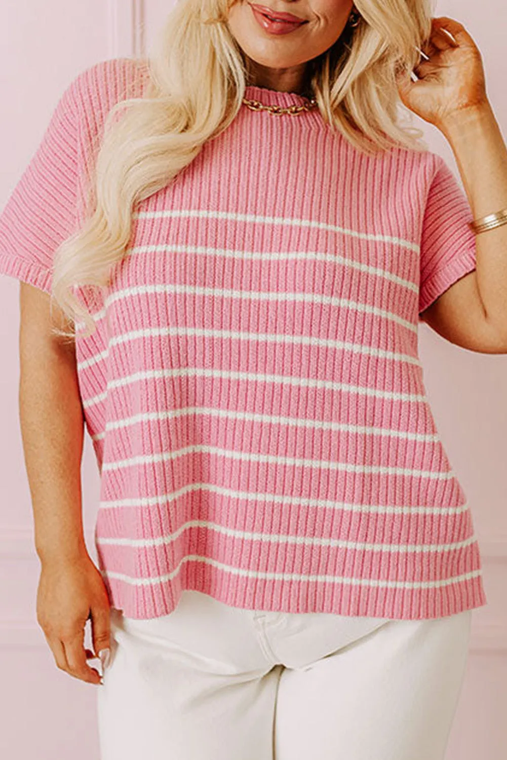 Pink Stripe Ribbed Loose Plus T Shirt