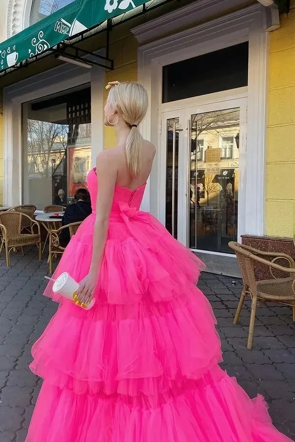 Pink Tulle A-line High Low Strapless Long Prom Dresses, Evening Gowns, SP867