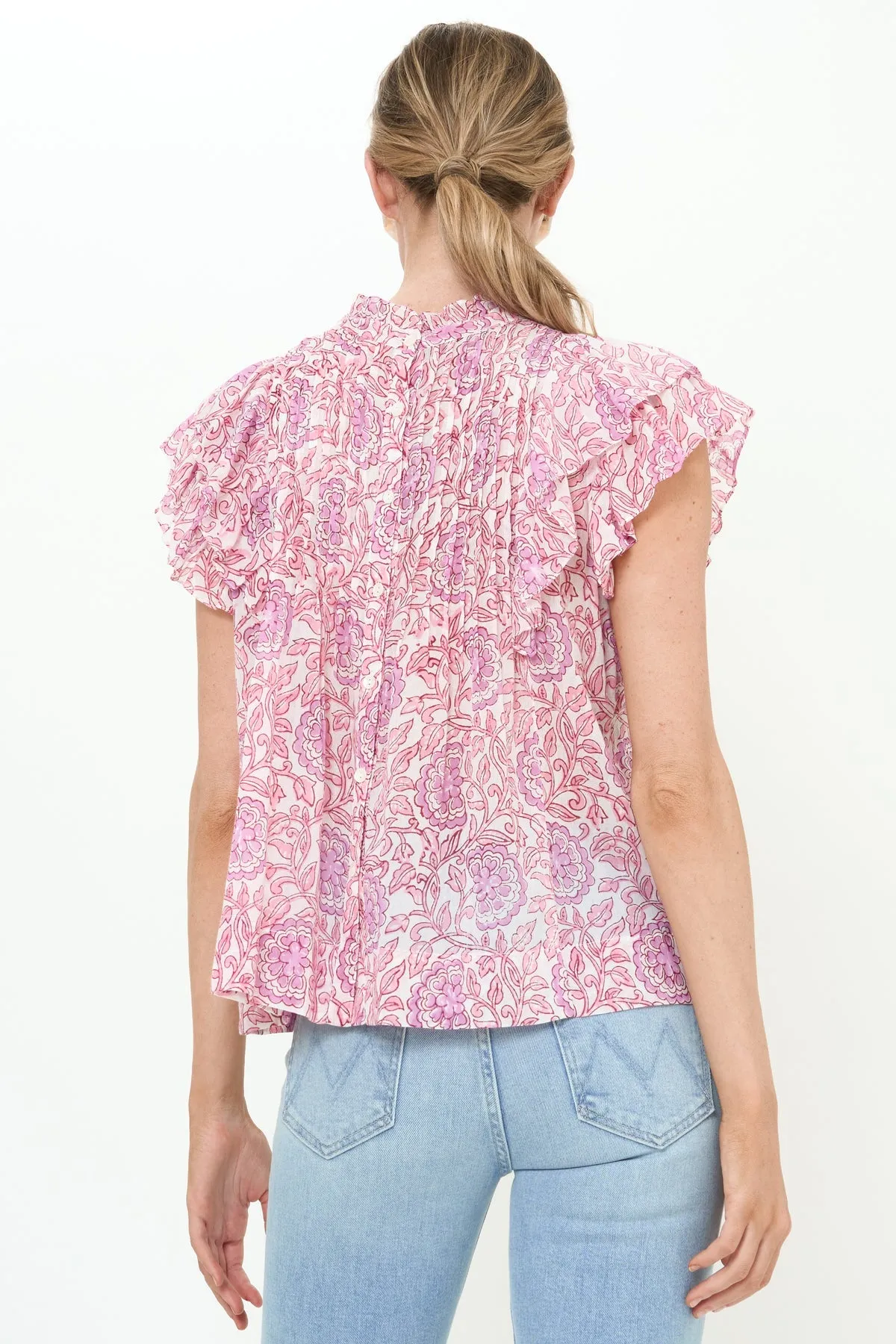 Pintuck Ruffle Top in Malta Pink by Oliphant