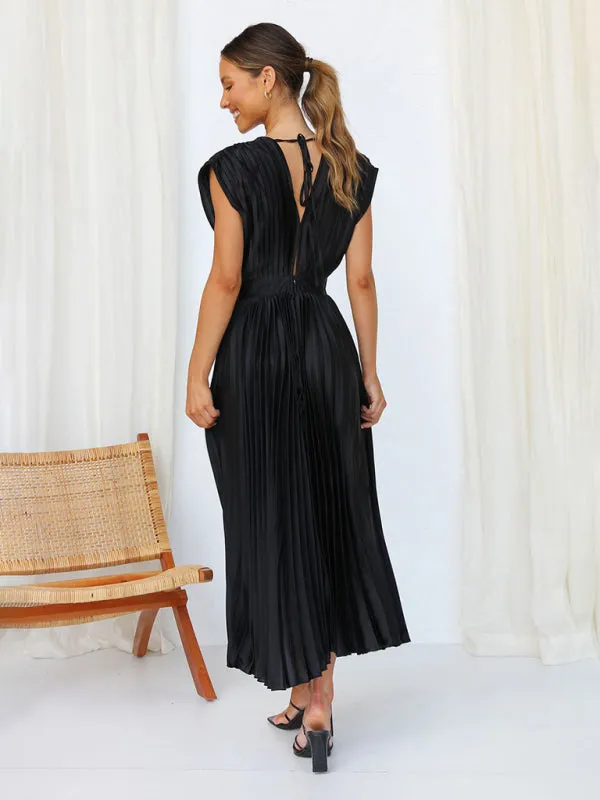 Pleated Midi Dress with Sleeveless V-Neck and Solid Print