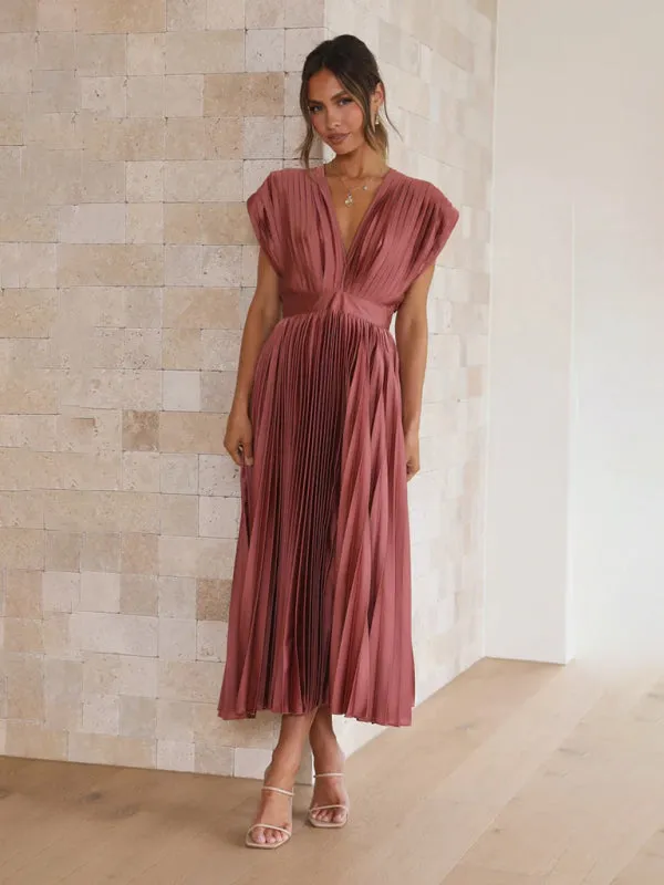 Pleated Midi Dress with Sleeveless V-Neck and Solid Print