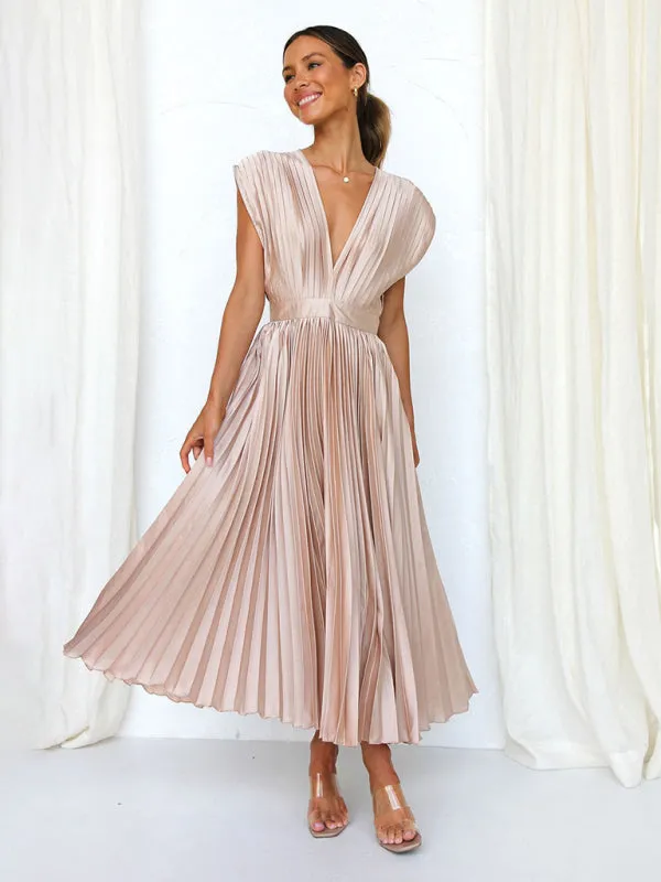 Pleated Midi Dress with Sleeveless V-Neck and Solid Print