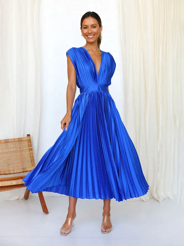 Pleated Midi Dress with Sleeveless V-Neck and Solid Print