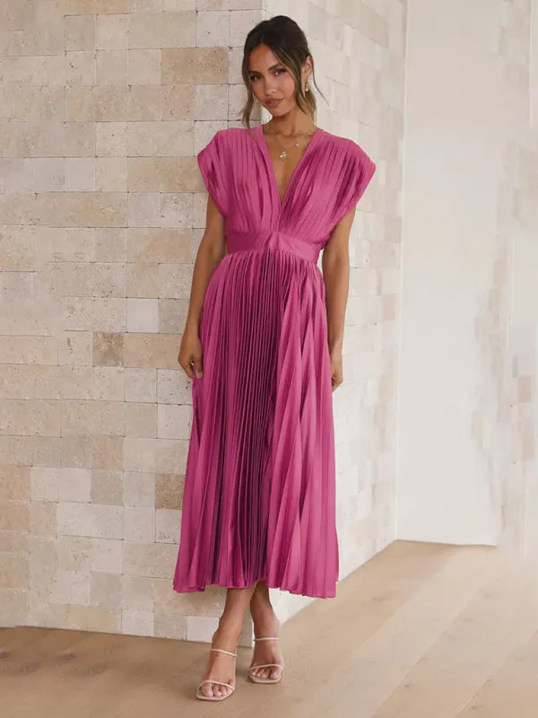 Pleated Midi Dress with Sleeveless V-Neck and Solid Print