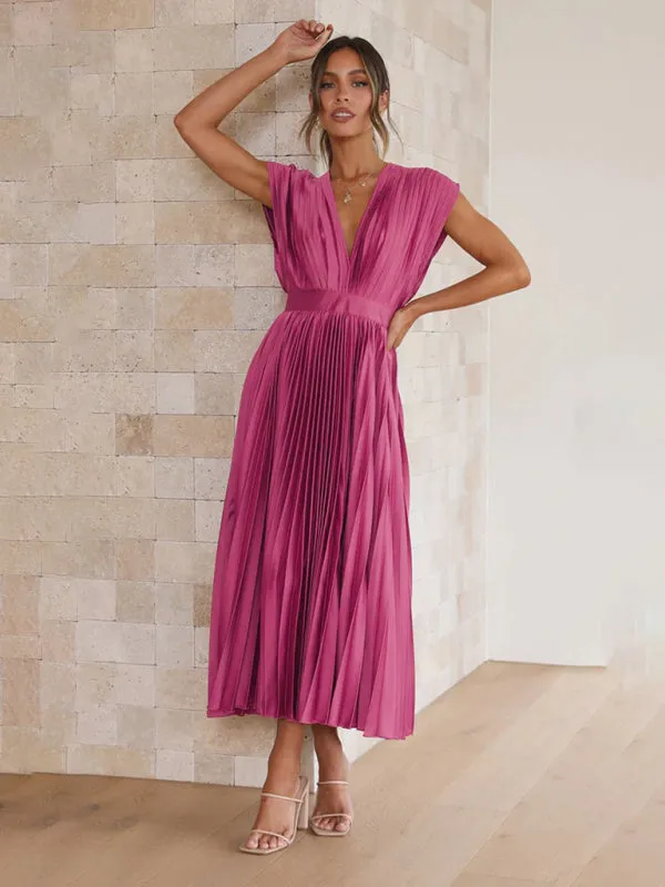 Pleated Midi Dress with Sleeveless V-Neck and Solid Print