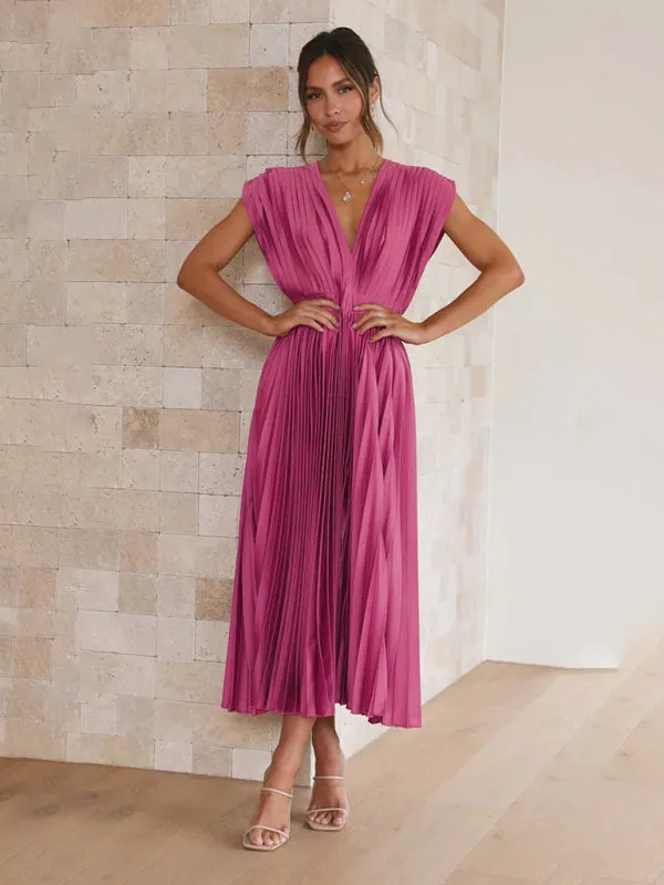 Pleated Midi Dress with Sleeveless V-Neck and Solid Print