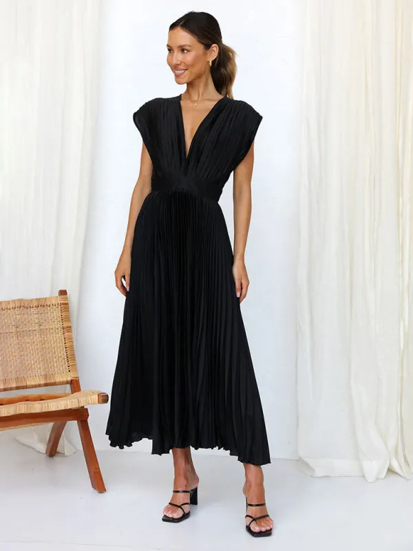 Pleated Midi Dress with Sleeveless V-Neck and Solid Print