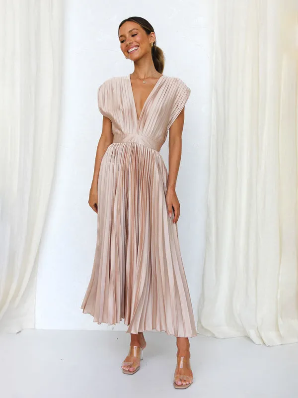 Pleated Midi Dress with Sleeveless V-Neck and Solid Print