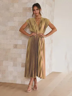 Pleated Midi Dress with Sleeveless V-Neck and Solid Print