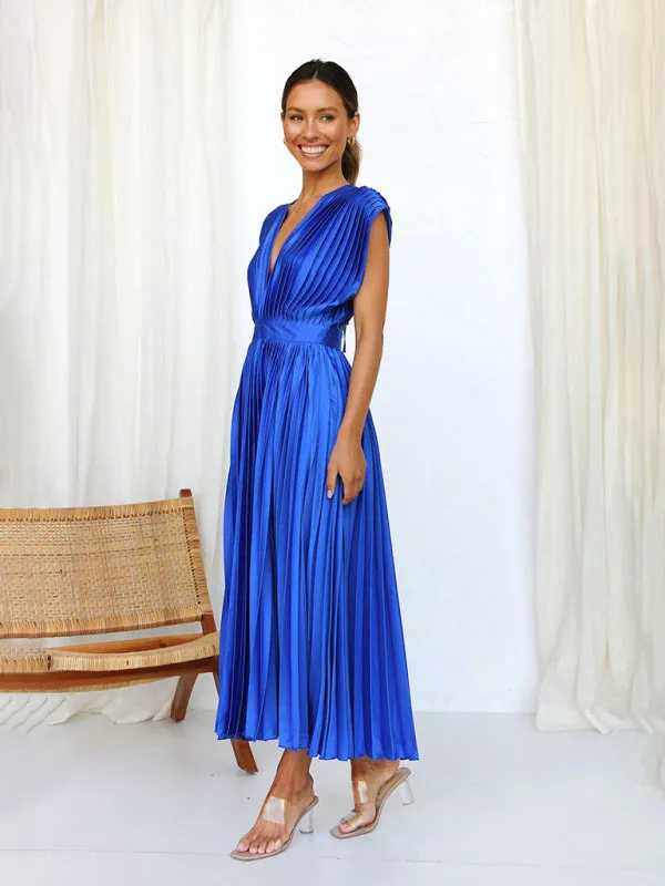 Pleated Midi Dress with Sleeveless V-Neck and Solid Print