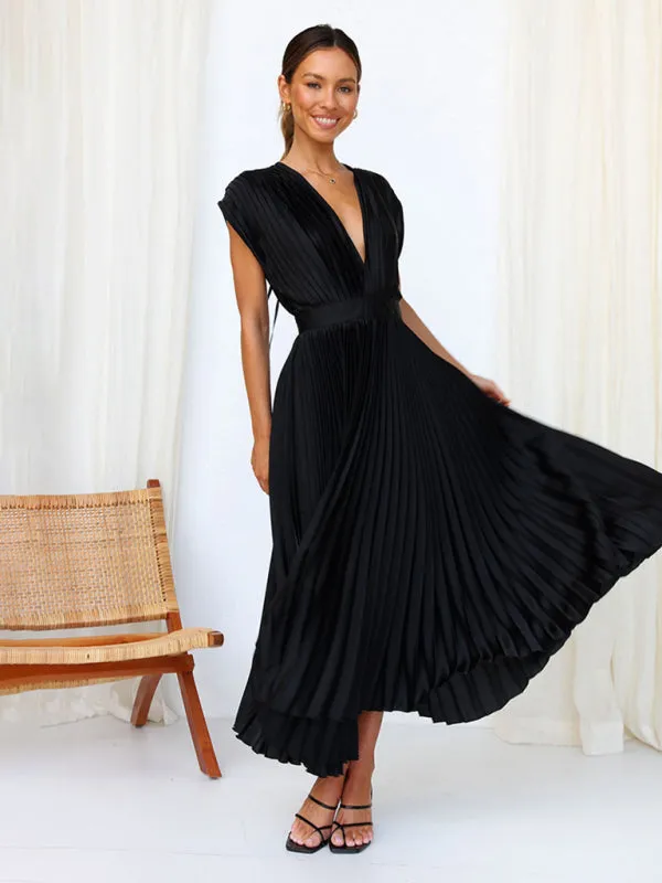 Pleated Midi Dress with Sleeveless V-Neck and Solid Print